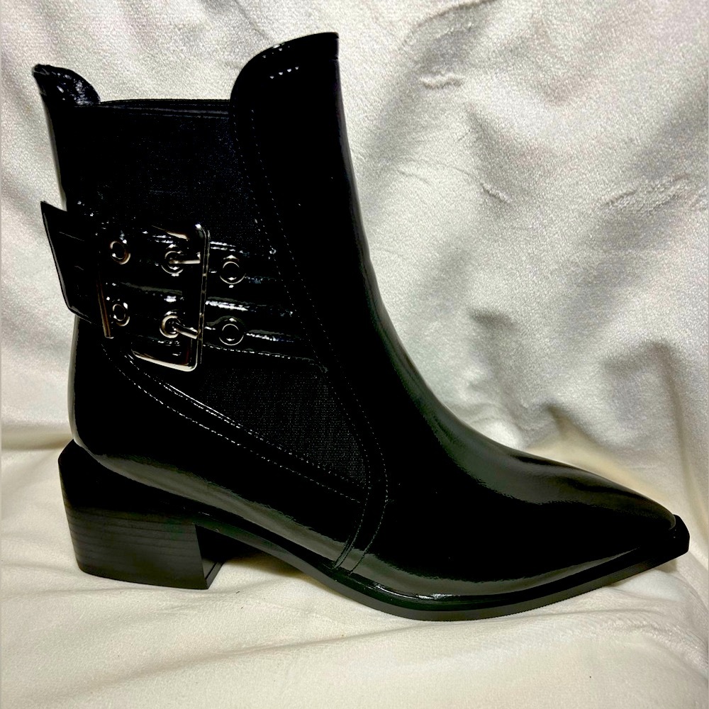 Black Square Toe Chunky Heel Western Ankle Boots with buckle women’s size 8 - Picture 6 of 7